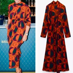 Zara NWT Colorful Geometric Artistic Long Midi Dress‎ with Open Back Size Small